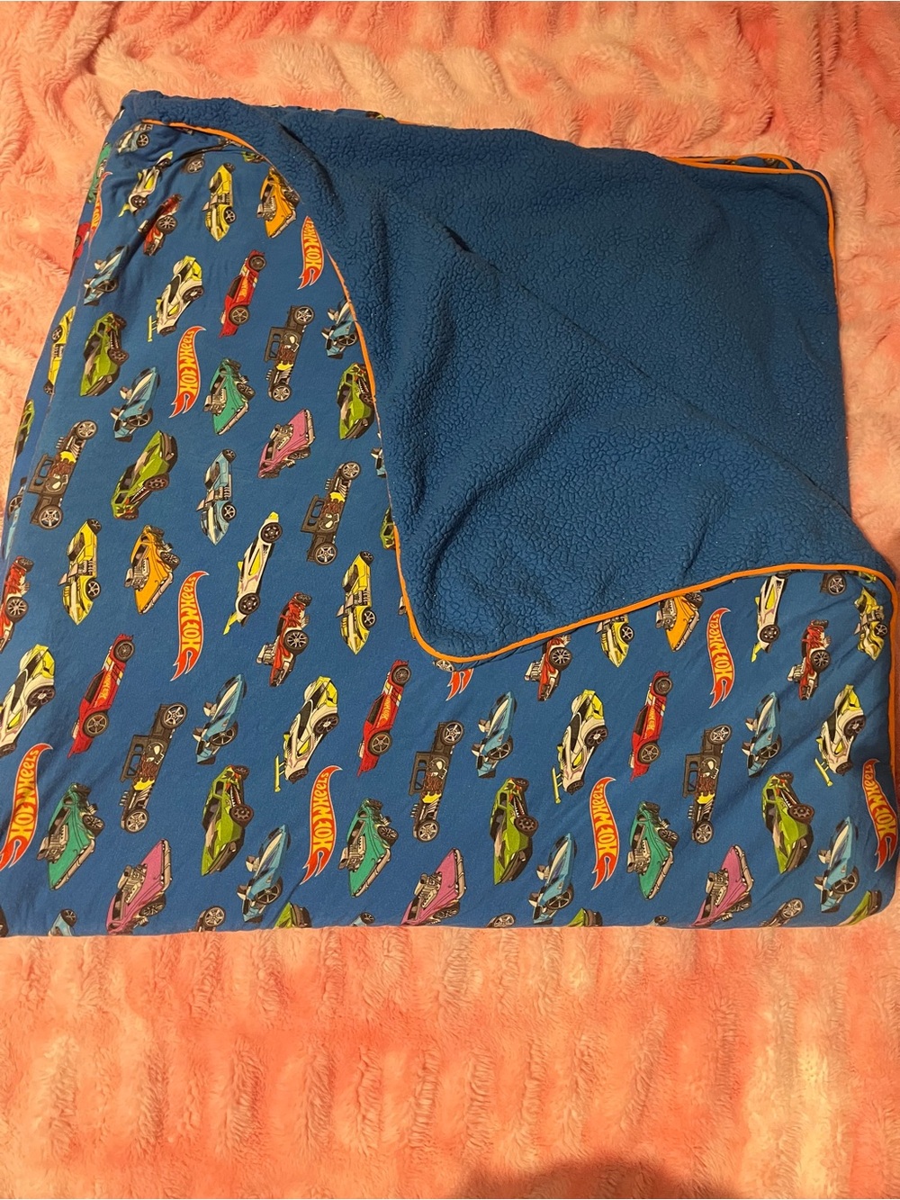 Posh Peanut Blue Race Car Print Reversible Baby Blanket with Orange Trim